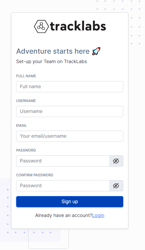 TrackLabs team registration screen
